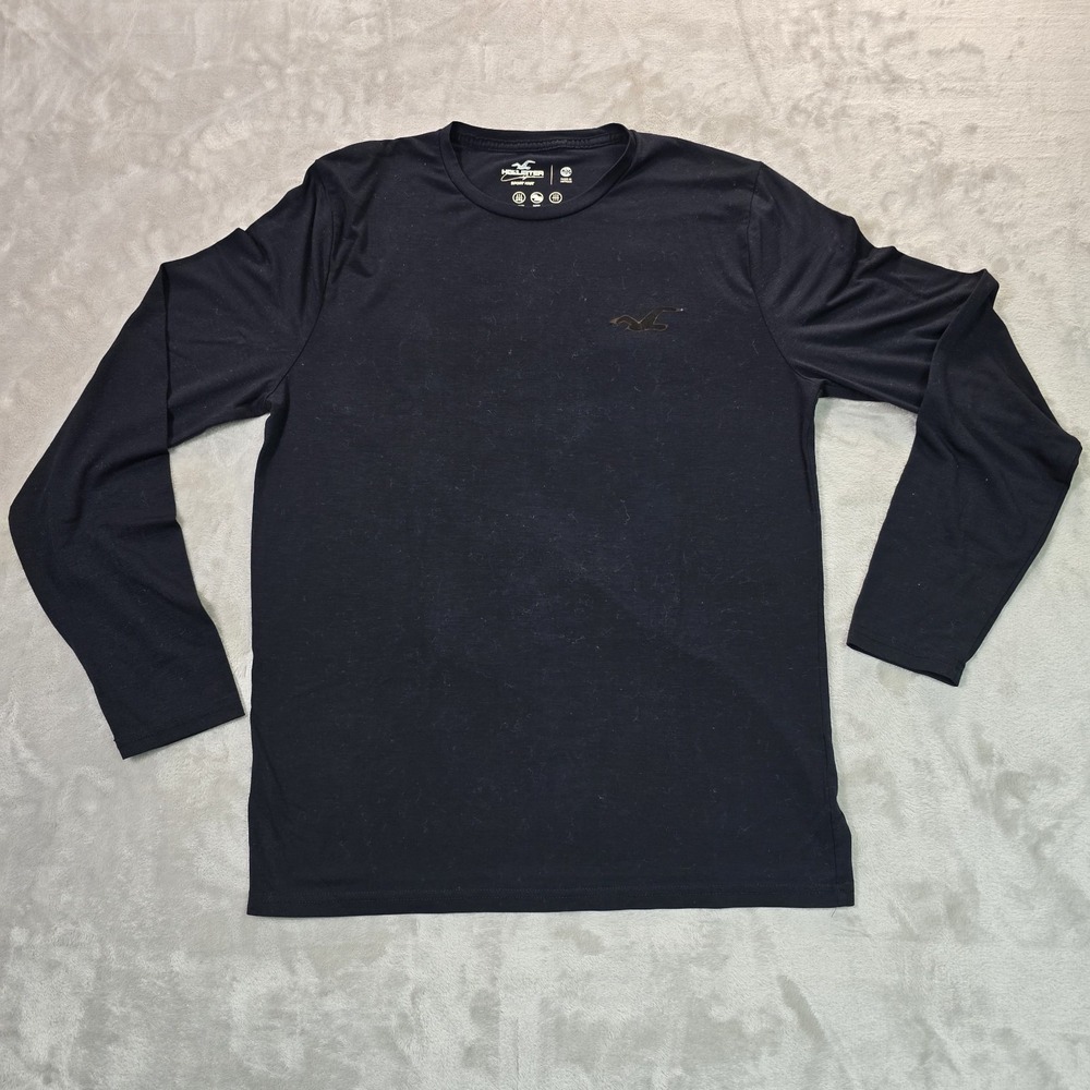 Hollister Black Waffle Knit Shirt Large Pullover Crew Neck Long Sleeve Logo NEW